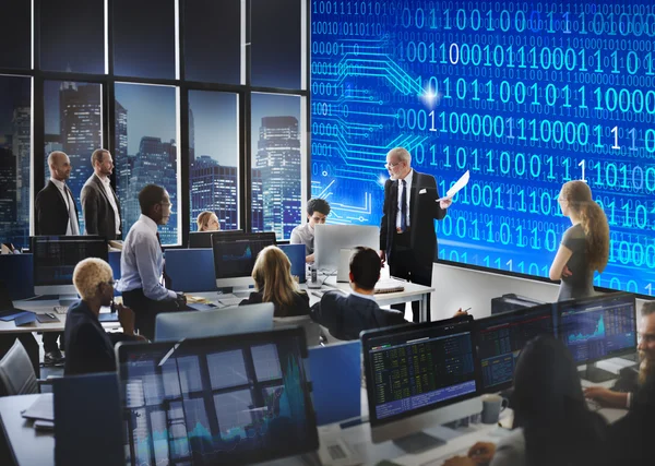 Business people working and binary code — Stock Photo, Image
