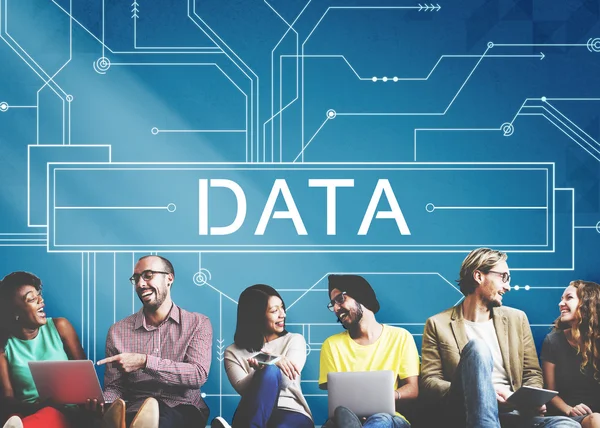 Diversity friends near wall with data — Stock Photo, Image