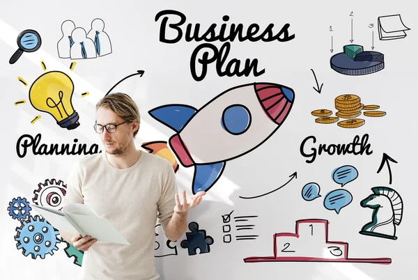 Zakenman werken met Business Plan — Stockfoto