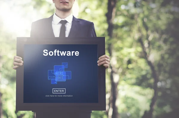 Geschäftsmann und Software digitales Elektronik-Konzept — Stockfoto