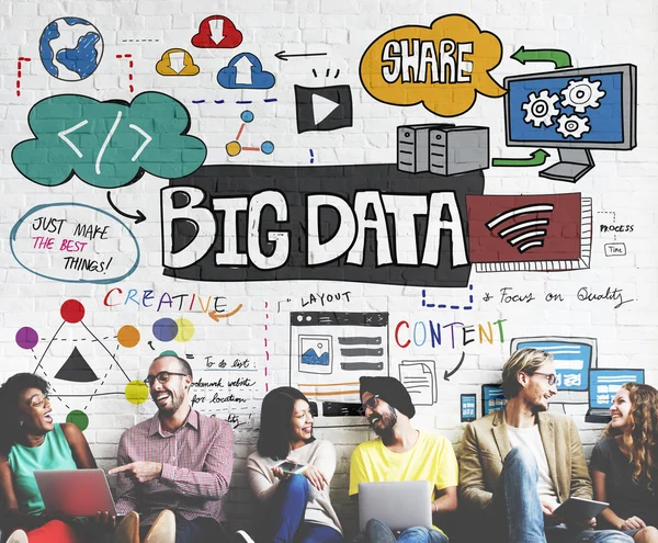 Diversity friends near wall with big data — Stock Photo, Image