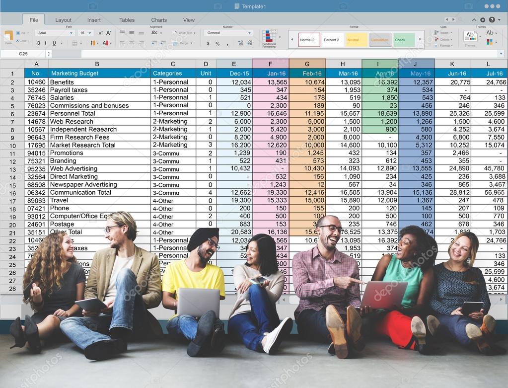 diversity friends near wall with spreadsheet
