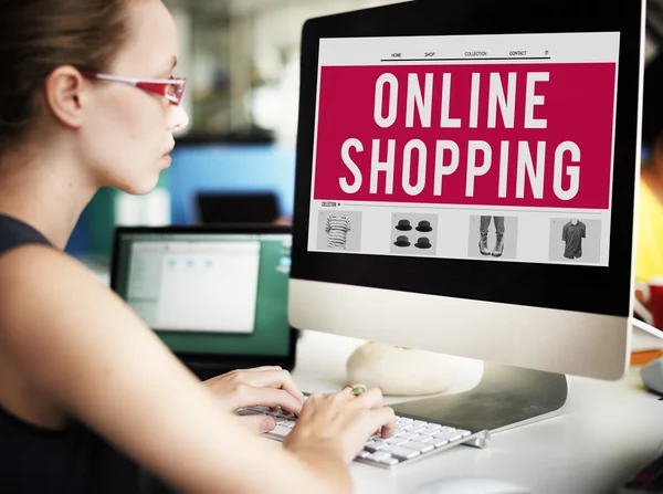 Computer with online shopping on monitor — Stock Photo, Image