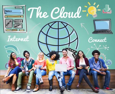 Öğrencilerin dijital cihazlar kullanarak, internet'te sörf, tartışmaya ve gülümseyen