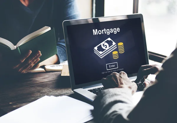 Man using laptop and Mortgage Concept — Stock Photo, Image