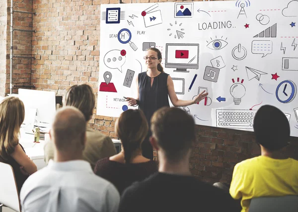 People at conference with social network — Stock Photo, Image