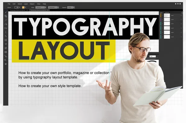Geschäftsmann arbeitet mit Typografie-Layout — Stockfoto