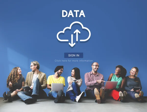 Diversity friends near wall with data — Stock Photo, Image