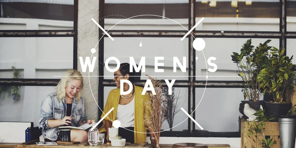 Women sitting near cafe and women day — Stock Photo, Image