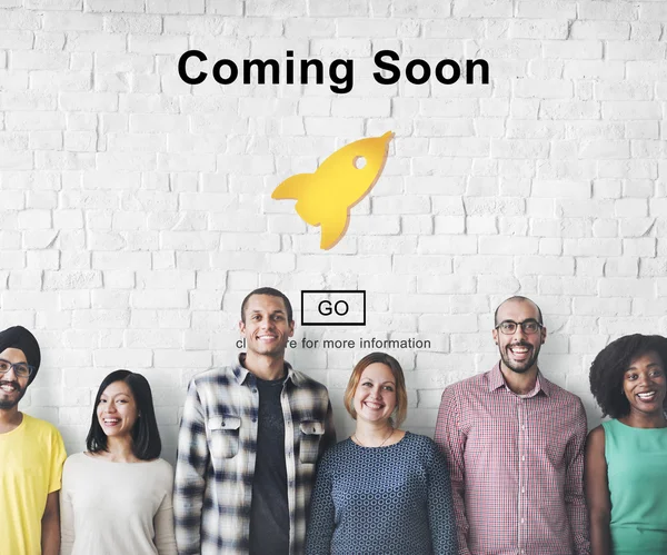 Diversity people with coming soon — Stock Photo, Image