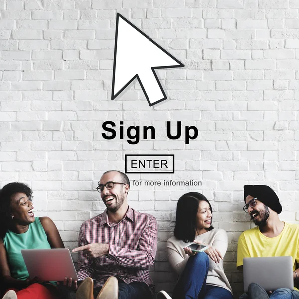 Diversity friends near wall with sign up — Stock Photo, Image
