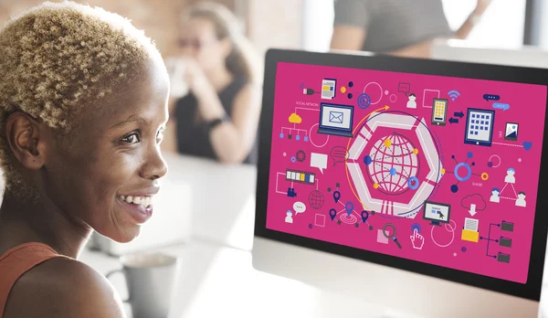 Computer with technology on monitor — Stock Photo, Image