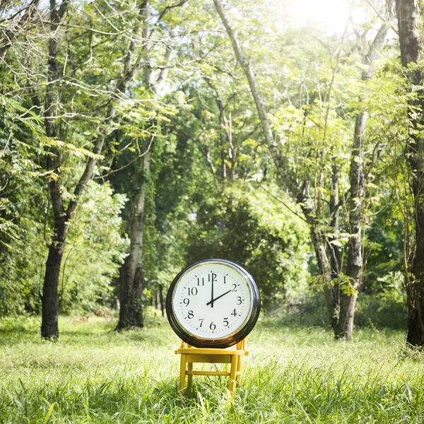 Часы на стуле на открытом воздухе — стоковое фото