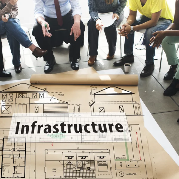 Personnes sur affiche avec infrastructure — Photo