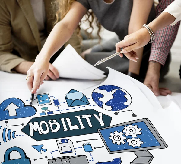 Designers working with poster and mobility — Stock Photo, Image