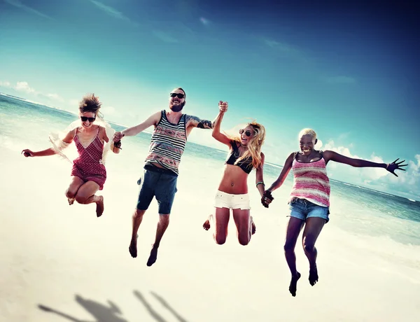 Friends hanging out on party and jumping — Stock Photo, Image