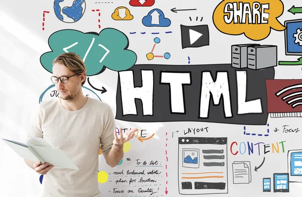 Affärsman arbetar med html — Stockfoto