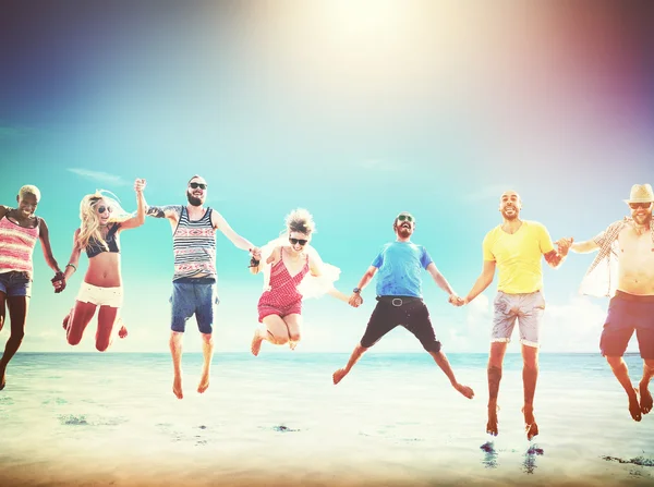 Friends hanging out on party and jump — Stock Photo, Image