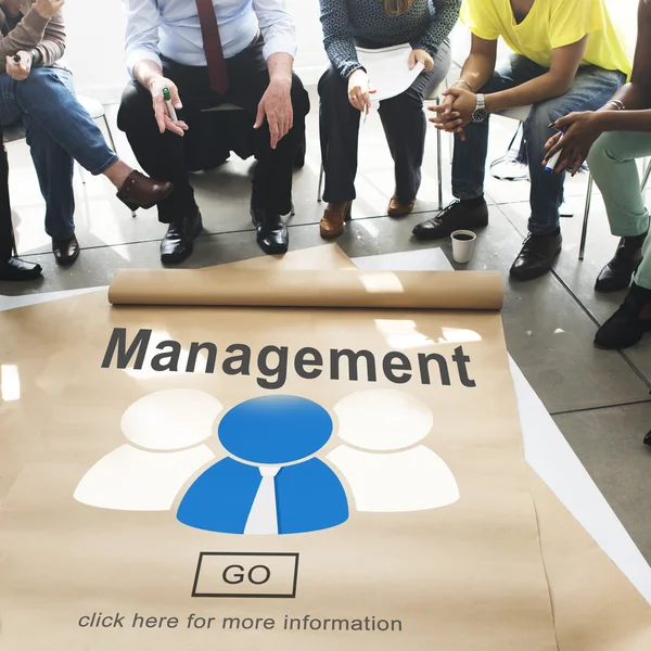 People over poster with management — Stock Photo, Image