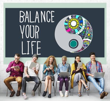 people with devices and balance your life clipart