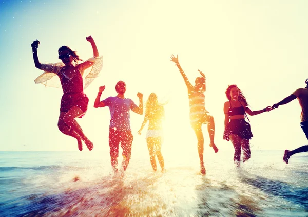 Friends hanging out on party and jumping — Stock Photo, Image