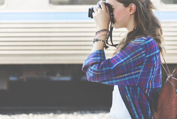 Girl Photographer Traveling — Stock Photo, Image