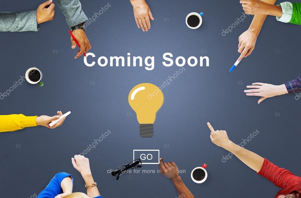 Business People Pointing on Coming Soon, Opening, Promotion, Announcement Concept