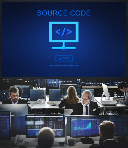 Business workers and source code — Stock Photo, Image