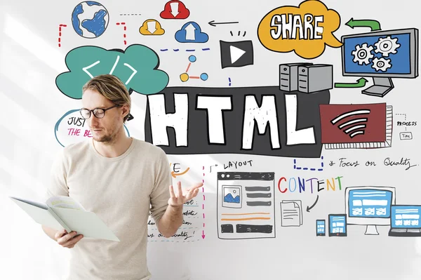 Hombre de negocios trabajando con html — Foto de Stock