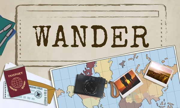 World map and camera on table — Stock Photo, Image