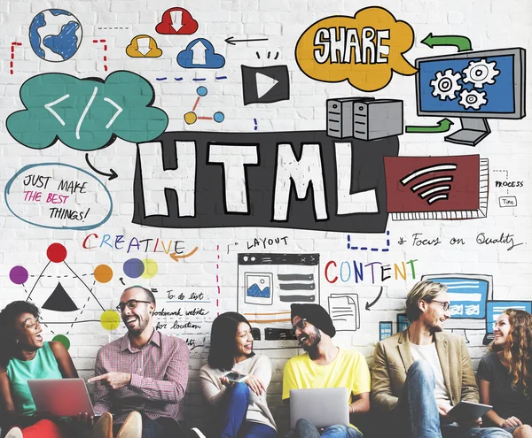 Diversità amici vicino al muro con html — Foto Stock