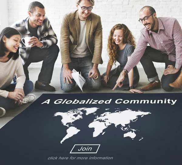 Designers working with poster and global community — Stock Photo, Image