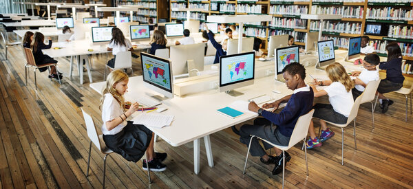 elementary pupils in computer classroom