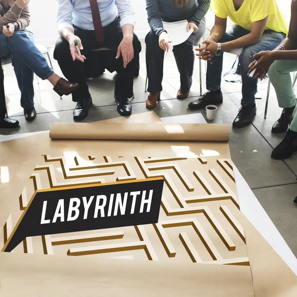 People over poster with labyrinth — Stock Photo, Image