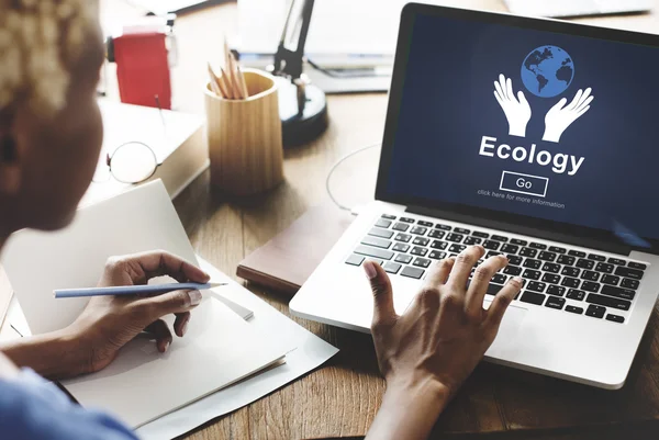 ekoloji ile dizüstü bilgisayar üzerinde çalışan kadın