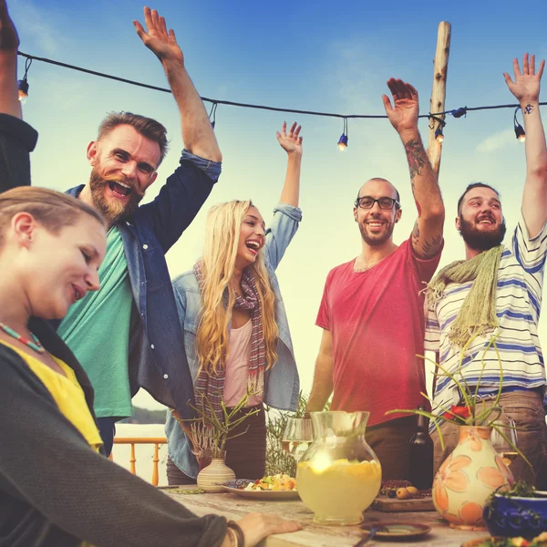 Friends hanging out on party and hands up — Stock Photo, Image