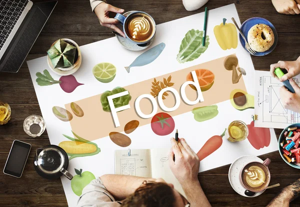 Tabell med affisch med mat — Stockfoto
