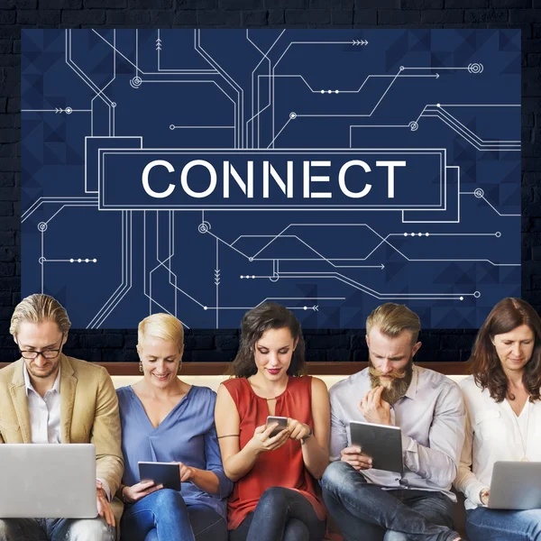 People sit with devices and Connect — Stock Photo, Image