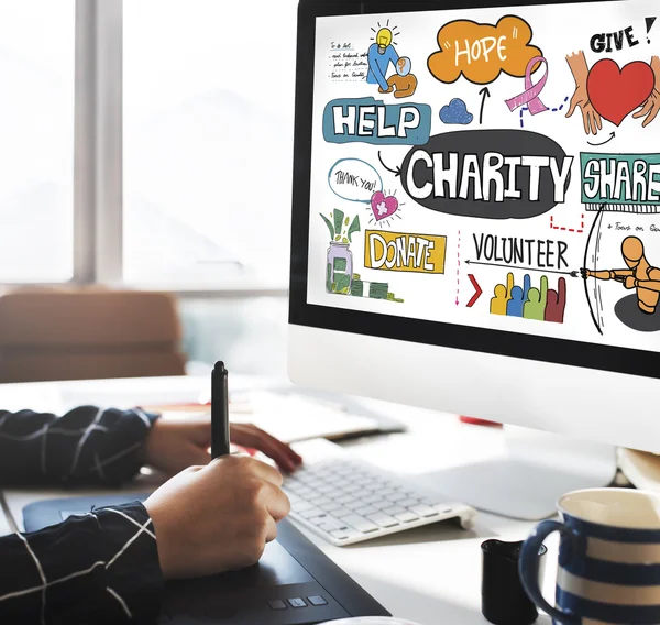 Computer with Charity on monitor — Stock Photo, Image