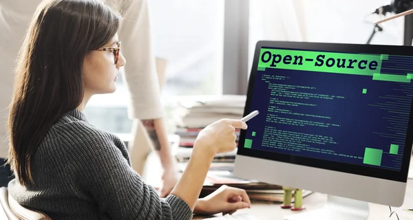 Woman showing on monitor with open-source — Stock Photo, Image