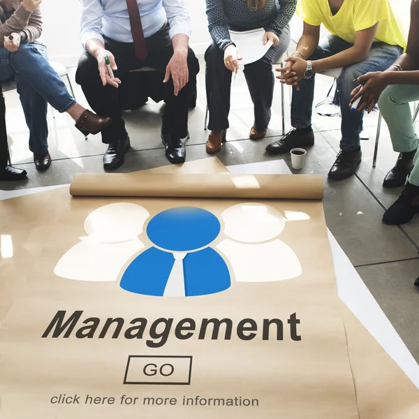 People over poster with management — Stock Photo, Image
