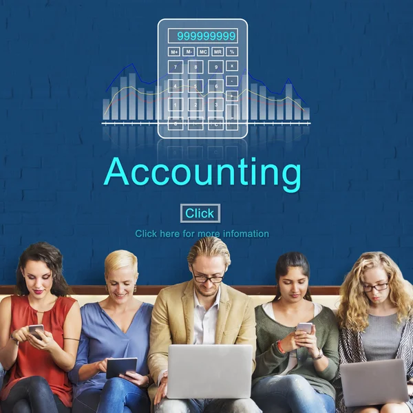 People sit with devices and Accounting — Stock Photo, Image