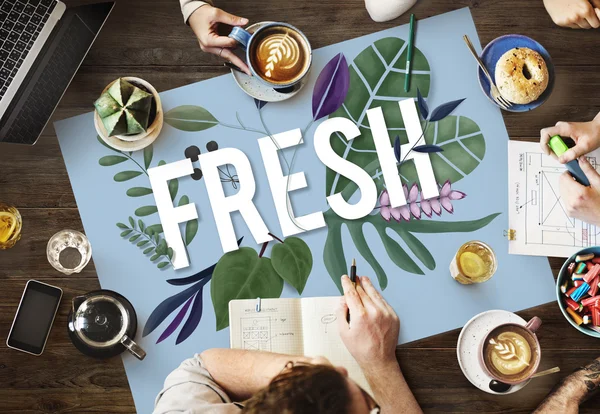 Tavolo con poster con Fresh — Foto Stock