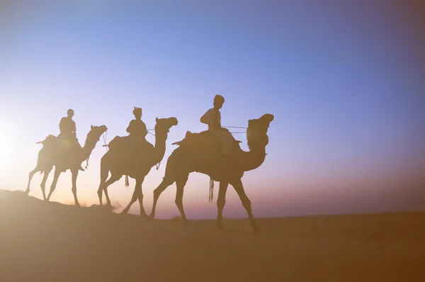 Men riding camels through desert — Stock Photo, Image