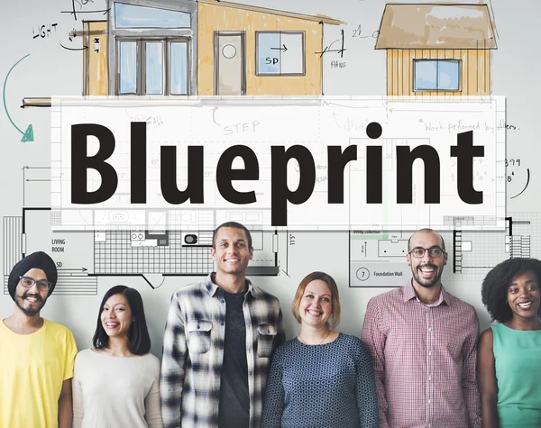 Mångfald människor med blueprint — Stockfoto