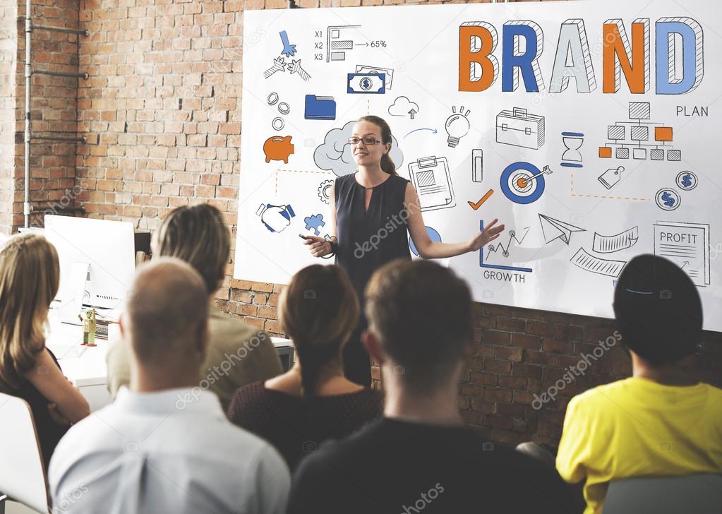 Group of business people at conference, speaker near board with brand concept
