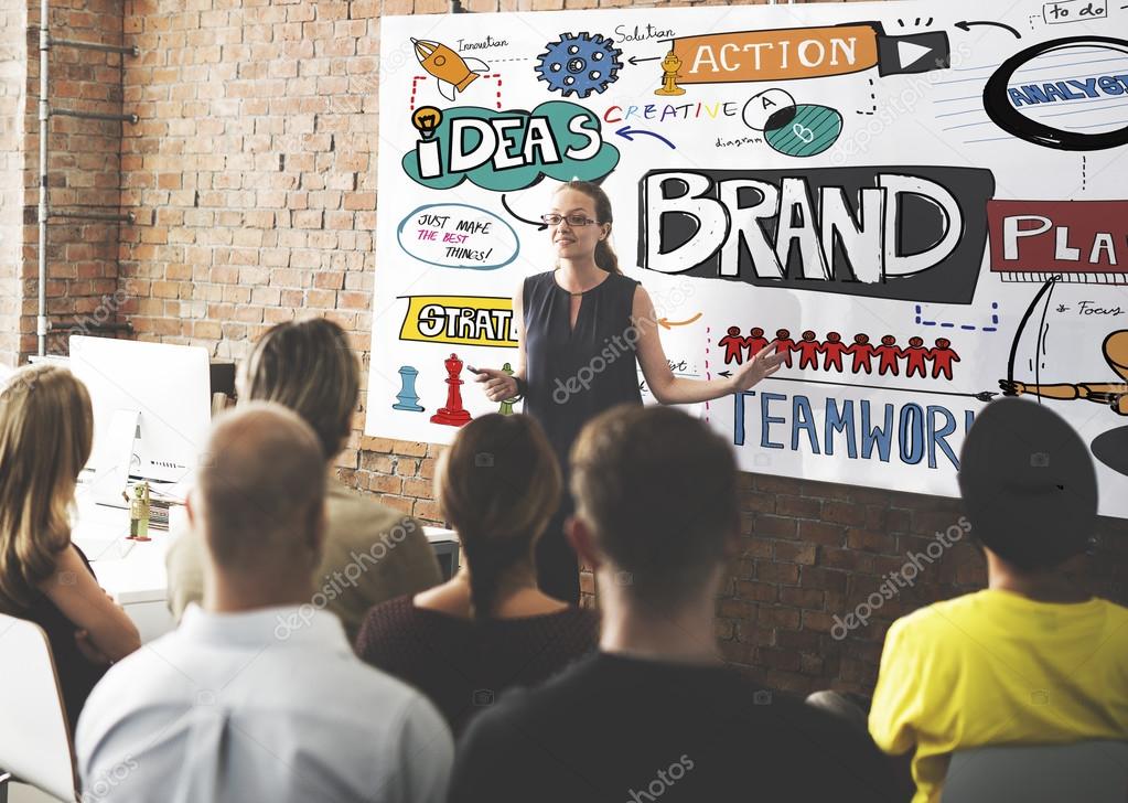 Group of business people at conference, speaker near board with brand concept