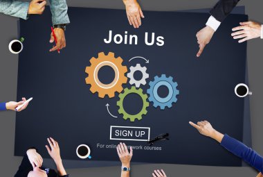 Üzerinde işaret eden iş adamları bize katılın