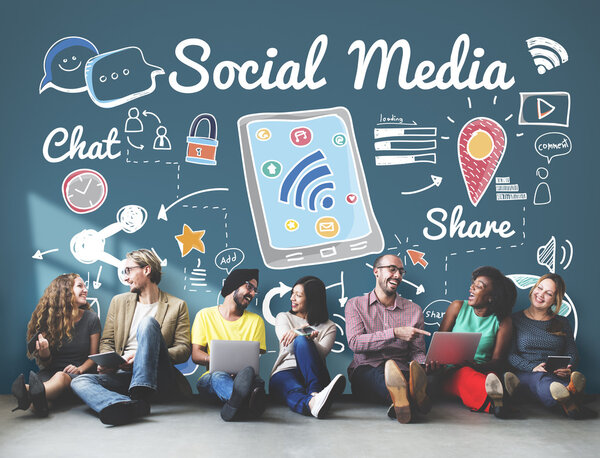 diversity friends near wall with social media