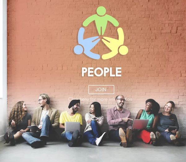 Diversity friends near wall with people — Stock Photo, Image